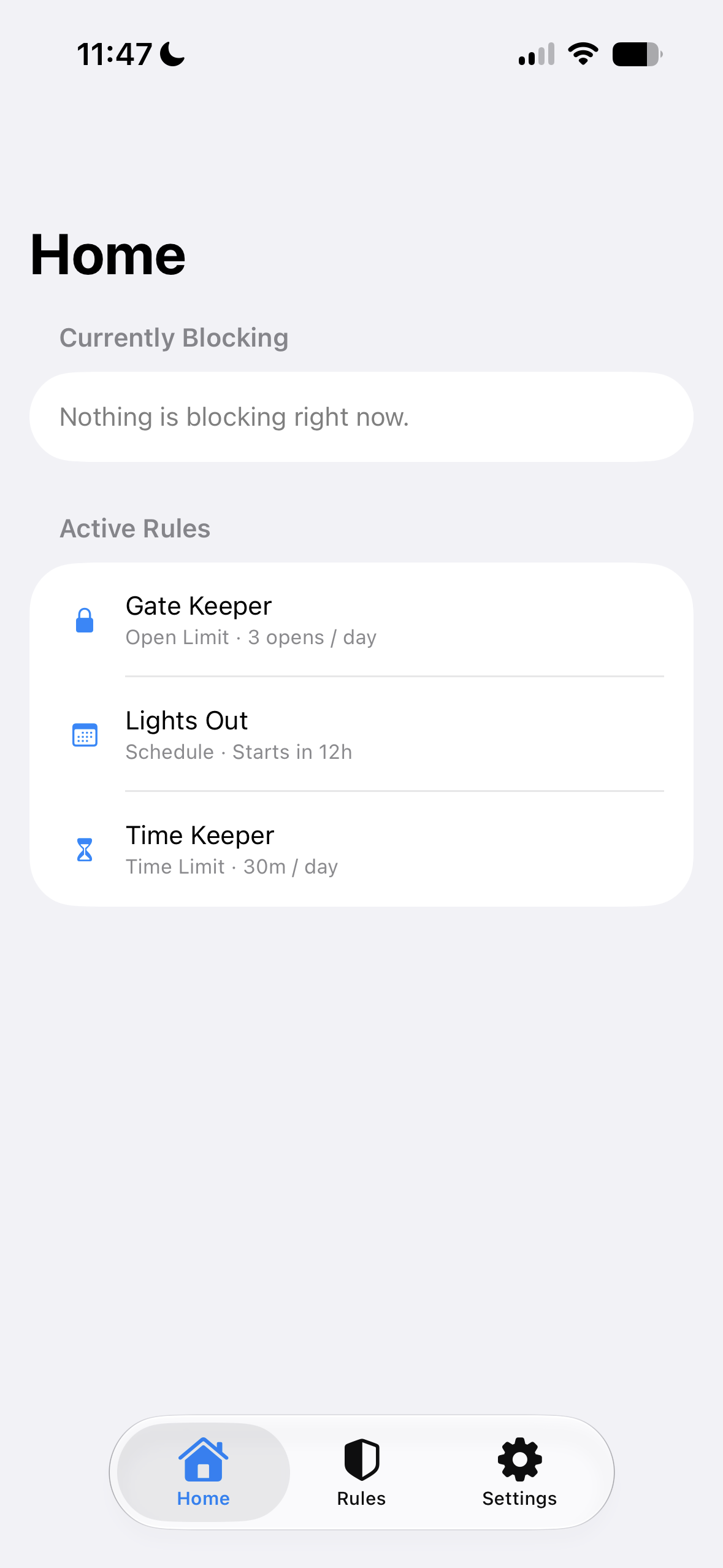 OpenAppLock Home screen: a Currently Blocking panel reading Nothing is blocking right now, above a list of active rules named Gate Keeper, Lights Out, and Time Keeper.